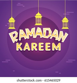Creative Ramadan Kareem text design with hanging lanterns. Greeting card design for Holy Month of Muslim Community Festivals celebration.