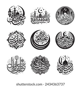 Creative Ramadan Mubarak Árabe Caligrafía o tipografía conjunto de letras colección aislado ilustración vectorial