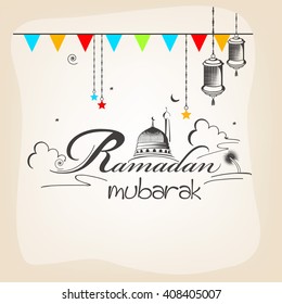 Creative Ramadan Mubarak line art text with mosque and hanging lanterns for holy month of Ramadan Kareem.