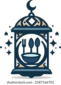 A creative Ramadhan food business logo featuring an Islamic lantern with a plate, spoon, and fork inside. The geometric design is clean, symmetrical, and ideal for vector tracing.