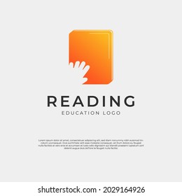 creative reading children logo with hand keep book or holding book and reading template vector concept design illustration idea for business, online course, book store and education logos