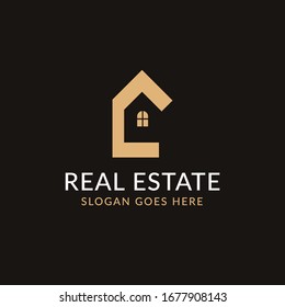 Creative real estate C letter logo design. House, Property development, construction and building icon template. Isolated in dark background with gold color. Minimalist home vector in eps 10.