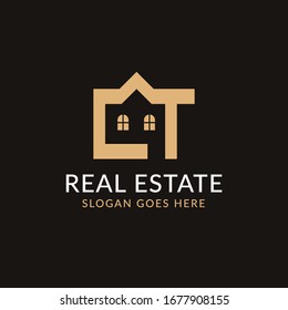 Creative real estate CT letter logo design. House, Property development, construction and building icon template. Isolated in dark background with gold color. Minimalist home vector in eps 10.