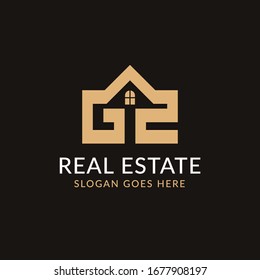 Creative real estate GZ letter logo design. House, Property development, construction and building icon template. Isolated in dark background with gold color. Minimalist home vector in eps 10.