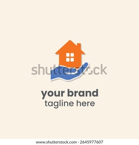 Creative real estate icon showing a house placed on a helping hand. Symbolizes realty support, home care, property protection, rental services, and agent trust.