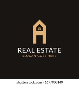 Kreative Immobilien Ein Brief Logo Design. Haus-, Immobilien-, Bau- und Bausymbol Vorlage. Einzeln auf dunklem Hintergrund mit goldener Farbe. Minimalistische häusliche Vektorillustration in eps10.