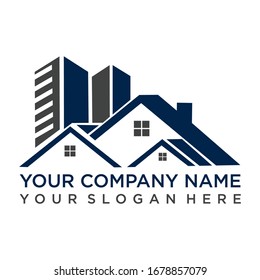 Creative real estate logo featuring overlapping house silhouettes and modern buildings. Symbolizes neighborhood, residential development, and comprehensive property services.