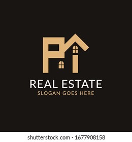 Diseño del logotipo de la carta inmobiliaria PT. Planilla de icono Casa, Construcción y Construcción. Aislado en un fondo oscuro de color dorado. vector doméstico minimalista en los pasos 10.