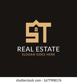 Creative real estate ST letter logo design. House, Property development, construction and building icon template. Isolated in dark background with gold color. Minimalist home vector in eps 10.