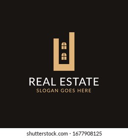 Creative real estate U letter logo design. House, Property development, construction and building icon template. Isolated in dark background with gold color. Minimalist home vector in eps 10.