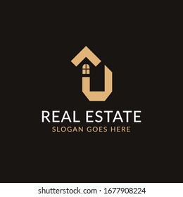 Kreative Immobilien U Brief Logo Design. Haus-, Immobilien-, Bau- und Bausymbol Vorlage. Einzeln auf dunklem Hintergrund mit goldener Farbe. Minimalistische häusliche Vektorillustration in eps10.