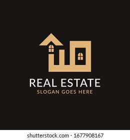 Creative real estate WO letter logo design. House, Property development, construction and building icon template. Isolated in dark background with gold color. Minimalist home vector in eps 10.