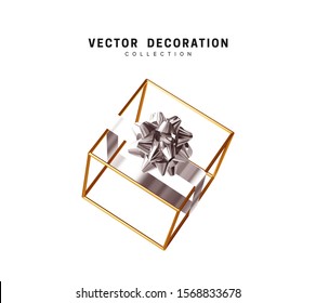 Creative realistic gift boxes with silver bow in an empty golden cube. Festive decorative design elements. Decoration holiday objects. Vector illustration.