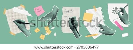 Creative realistic hands drawing, writing, and sketching on various paper sheets with stationery, sticky notes, and office supplies, ideal for education and creativity themes vector illustration