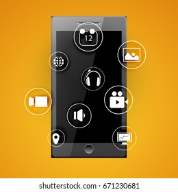 Smartphone creativo realista con símbolos web de estilo blanco plano para el concepto de negocio.