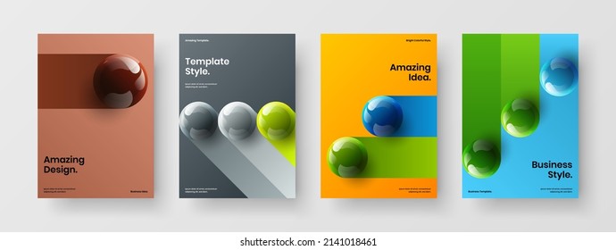 Creative realistic spheres book cover layout composition. Isolated front page design vector template collection.