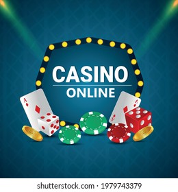 Creative realistic vector illustration of casino gambling game with playing cards, chips, and gold coin
