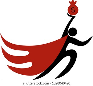 Creative red and black vector icon of the superhero with bag of money. Simple flat symbol. The concept of a hero financier, banker, investor, etc. 