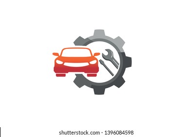 Creative Red Car Gear Wrench Screwdriver Logo Design Illustration