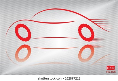 Creative red car on metallic background. Easy to edit eps10 vehicle vector. Red transportation emblem vector.
