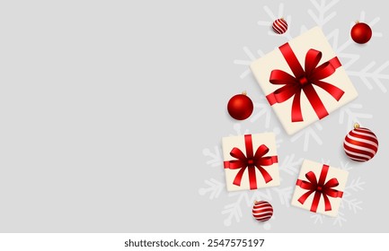 Creative red christmas ball, gift boxes, and snowflakes on white background. Christmas, new year and winter holiday banner design. Vector illustration