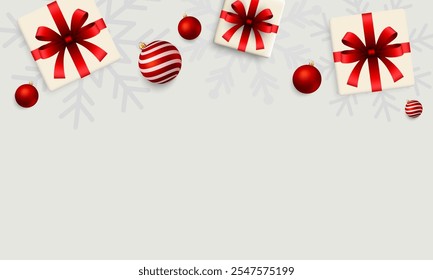 Creative red christmas ball, gift boxes, and snowflakes on white background. Christmas, new year and winter holiday banner design. Vector illustration