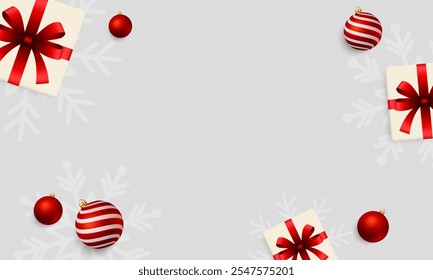 Creative red christmas ball, gift boxes, and snowflakes on white background. Christmas, new year and winter holiday banner design. Vector illustration