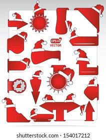 Creative red corner label, tag, sticker and ribbon set with santa hat. Elements are grouped separately, easy to edit vector illustration.