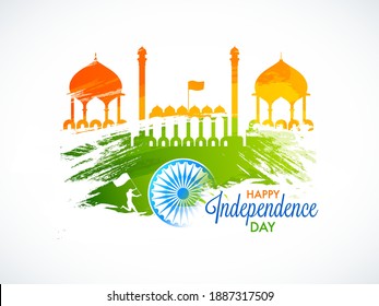 Creative Red Fort Monument in Saffron and Green Brush Stroke with Ashoka Wheel on White Background for Happy Independence Day Celebration.