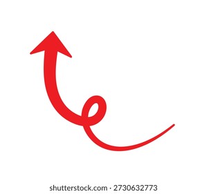 Una flecha giratoria dibujada a mano de color rojo creativo que apunta hacia arriba, perfecta para resaltar el crecimiento del negocio, el progreso y el éxito en los proyectos de diseño.
