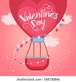 Creative red Heart Shaped Hot Air Balloon with bunting on cloudy background for Valentine's Day Celebration.