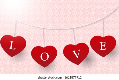 Creative red heart shapes on pink background. Realistic vector design for use element greeting card, cover, banner, wallpaper on romance and holiday event