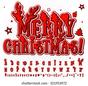 Creative red high detail comic font. Alphabet in style of comics and pop art. Multilayer funny colorful letters and figures for decoration of greeting cards Merry Christmas and happy new year