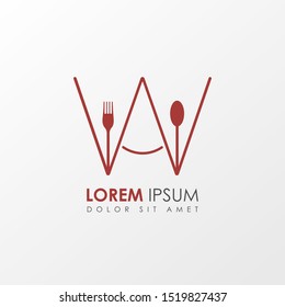 Creative Red Letter w Restaurant logo icon isolated on white background. Restaurant menu logo template with  fork and spoon symbol. Vector Illustration