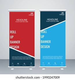Creative red, light blue and dark blue colour roll up banner design
