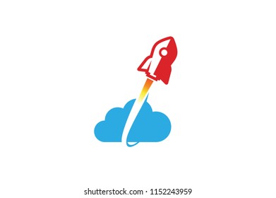 Creative Red Rocket Blue Cloud Symbol Logo Design Illustration