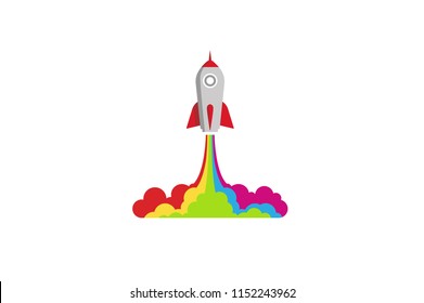 Creative Red Rocket Colorful Cloud Logo Design Illustration