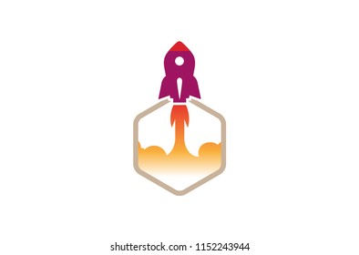 Creative Red Rocket Orange Hexagon Logo Design Illustration