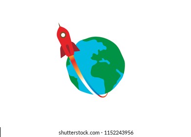 Creative Red Rocket Planet Earth Logo Design Illustration