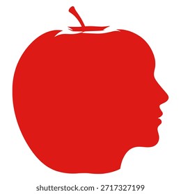 Una silueta roja creativa combina la forma de una manzana con el perfil de una cabeza humana, sugiriendo conceptos de pensamiento, salud y conocimiento. El diseño presenta un tallo y una Pequeña mordida tomada de la parte inferior.