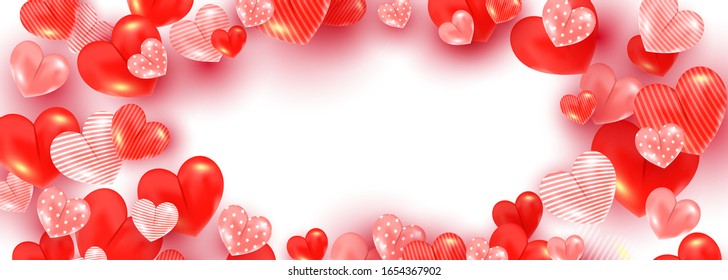Creative red striped pattern heart shape frame on white background with copy space. Love banner illustration vector