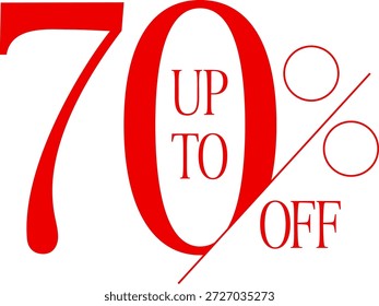 Diseño de tipografía rojo creativo 'Hasta 70% de descuento'. El texto 'Hasta' está anidado dentro del número cero con un símbolo de porcentaje estilizado. Perfecto para ventas minoristas, eventos de liquidación, cupones de descuento y promociones de marketing. Elemento de diseño aislado