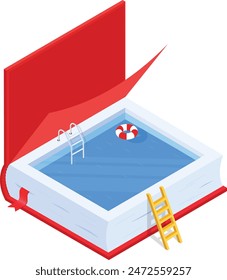 Una ilustración creativa y refrescante de una piscina azul brillante dentro de un libro rojo con una escalera amarilla.