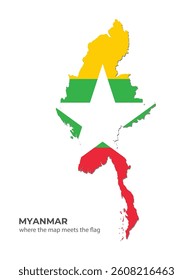 A creative rendition of Myanmar's outline incorporates vibrant flag colors of yellow, green, and red along with a prominent white star symbolizing national identity and unity.