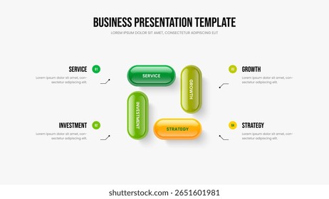 Creative Report 4 Element Diagram Slide Layout. Financial Forecast Four Step Infographic Slideshow Design. Professional Development Presentation Template Vector Illustration.