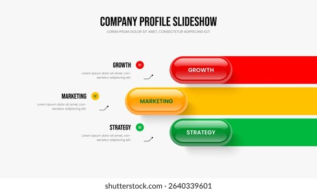 Creative Report Three Option Infographic Slide Template. Professional Performance Slideshow Design Vector Illustration. Visual Insight 3 Step Diagram Frame Layout.