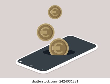 A creative representation of the concept of generating income through mobile technology, with coins appearing to emerge from a smartphone screen