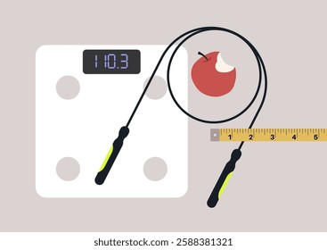 A creative representation of a diet concept involving a bathroom scale displaying weight in lbs, a jump rope, and a bitten apple, emphasizing the balance between nutrition and fitness