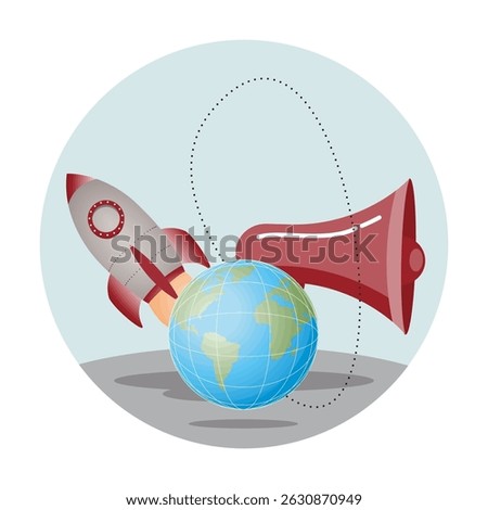 Creative Representation of Global Communication and Space Innovation. A rocket, earth globe, and a megaphone, symbolizing innovation, global communication, and the spread of ideas.