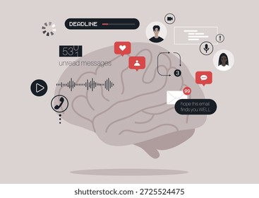 A creative representation of the human brain infused with symbols of communication, deadlines, and technology, This conceptual artwork captures the intertwining of thoughts and modern connectivity.